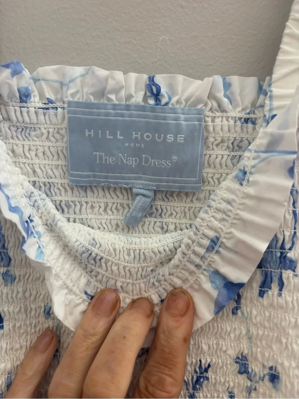 Hill House white dress with pale blue floral smocking and ruffle - Picture 2 of 3